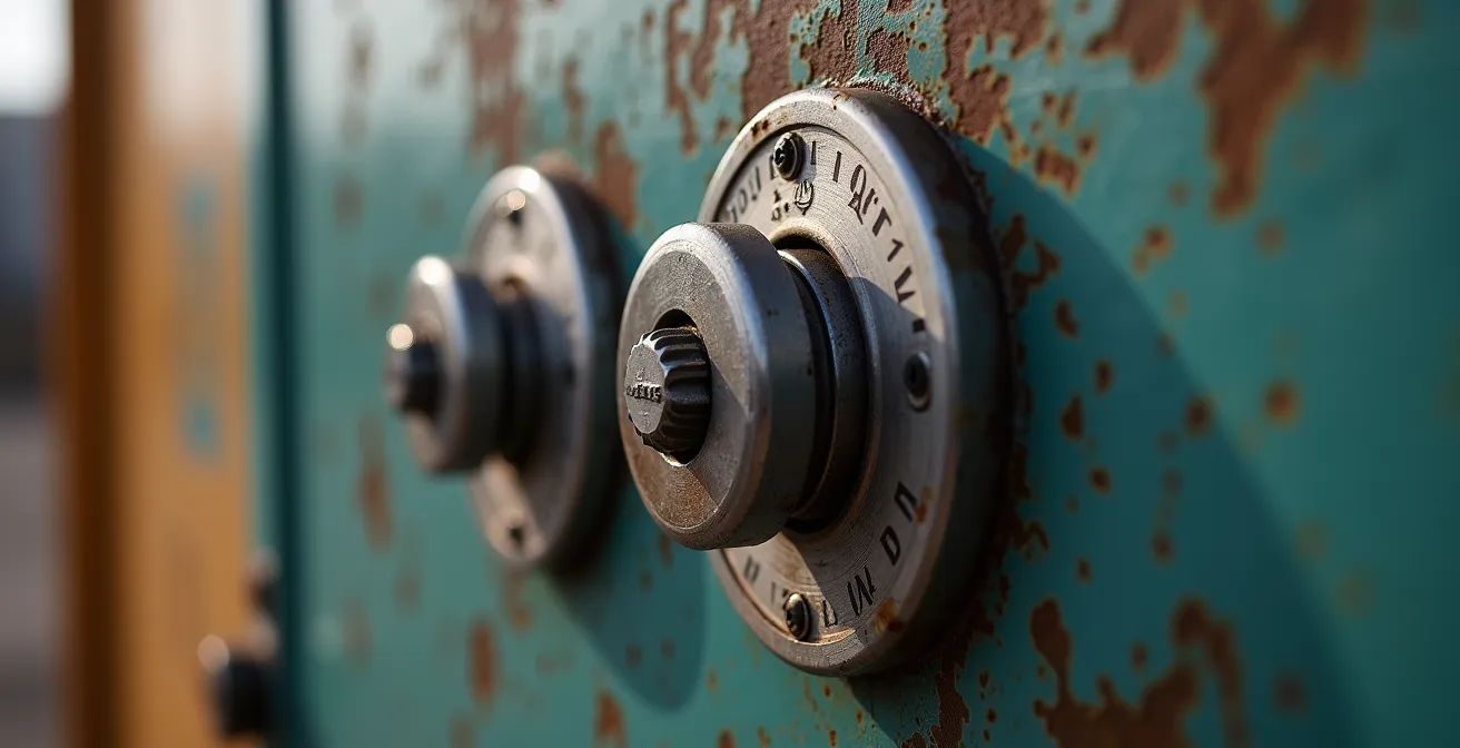 Boîtier à code métallique monté sur structure de chantier avec arrière-plan flou