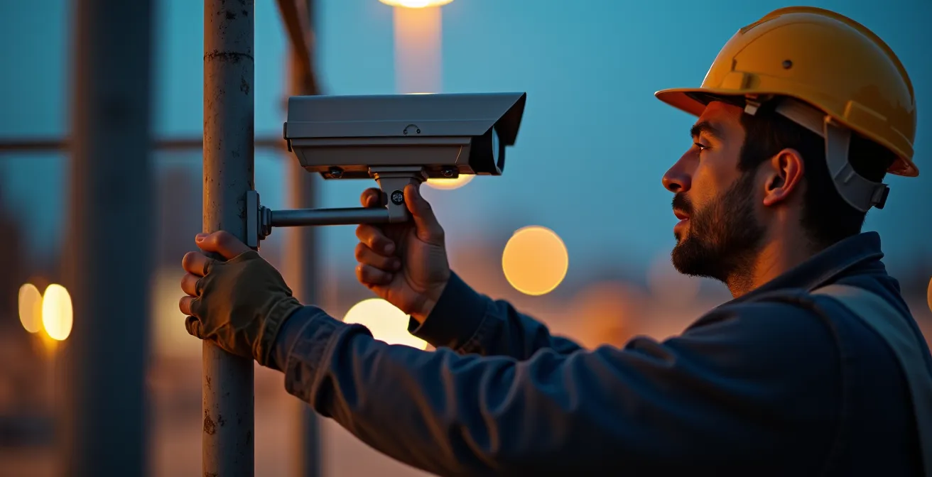 Caméra de surveillance temporaire installée sur un chantier de nuit