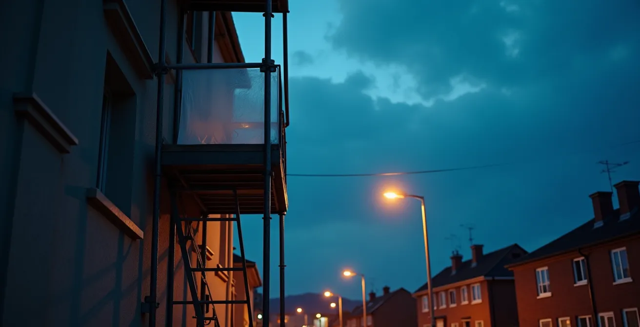 Échafaudage de chantier la nuit créant un accès direct aux étages supérieurs