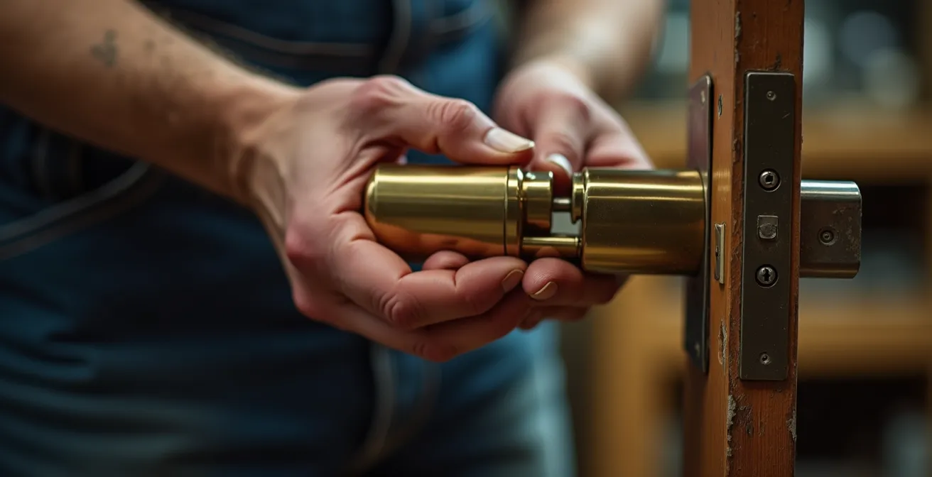 Mains d'artisan installant un cylindre de serrure haute sécurité doré sur une porte