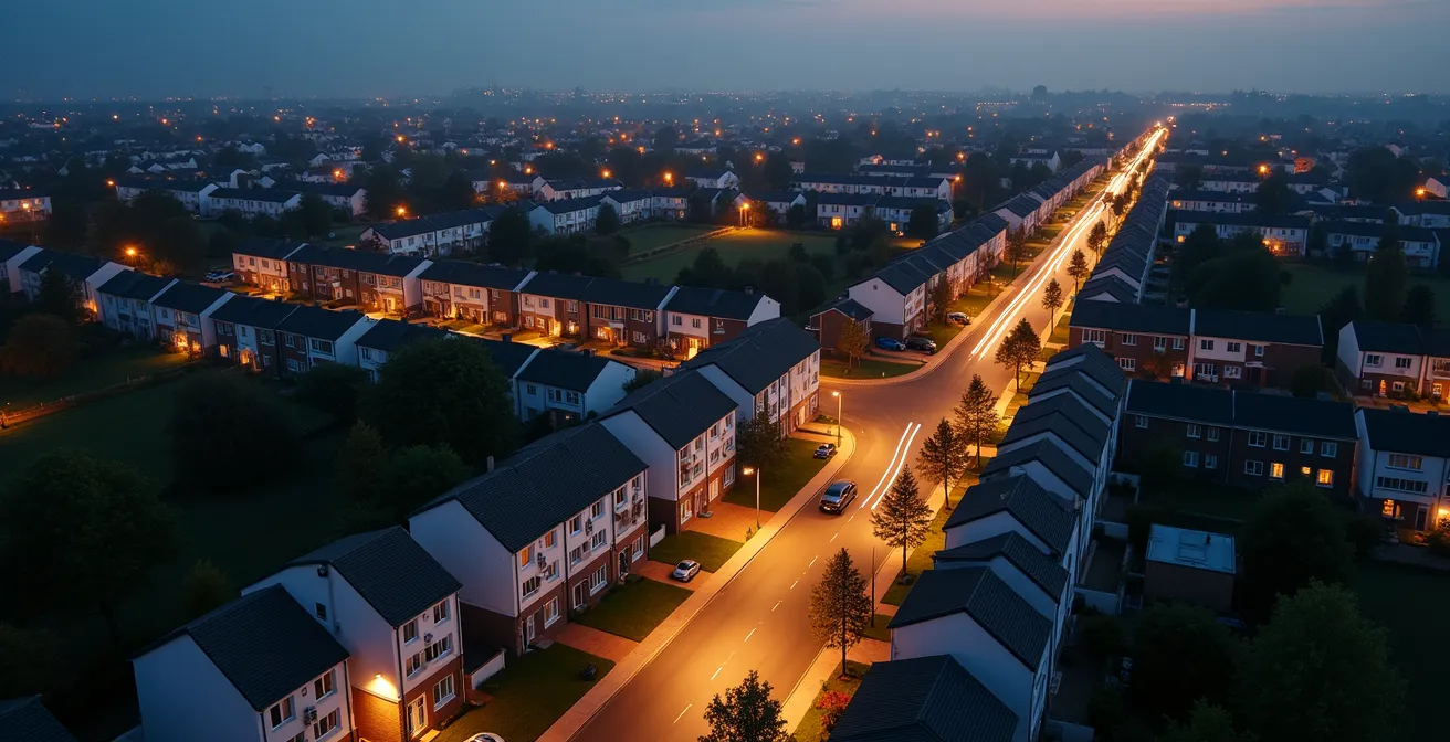 Vue aérienne d'un quartier résidentiel avec chemins lumineux reliant différentes maisons